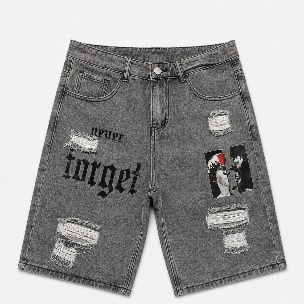 Men's Distressed Printed Denim Shorts