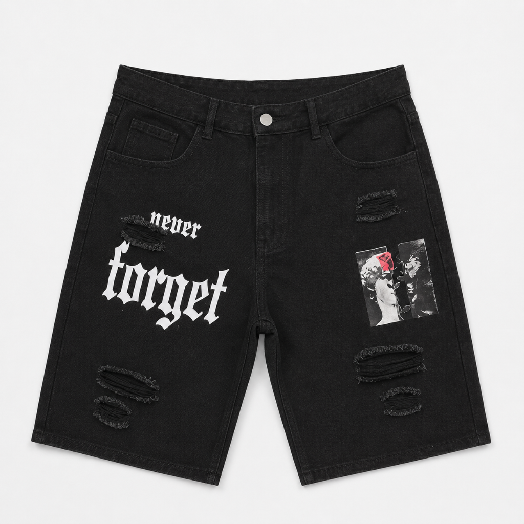 Men's Distressed Printed Denim Shorts