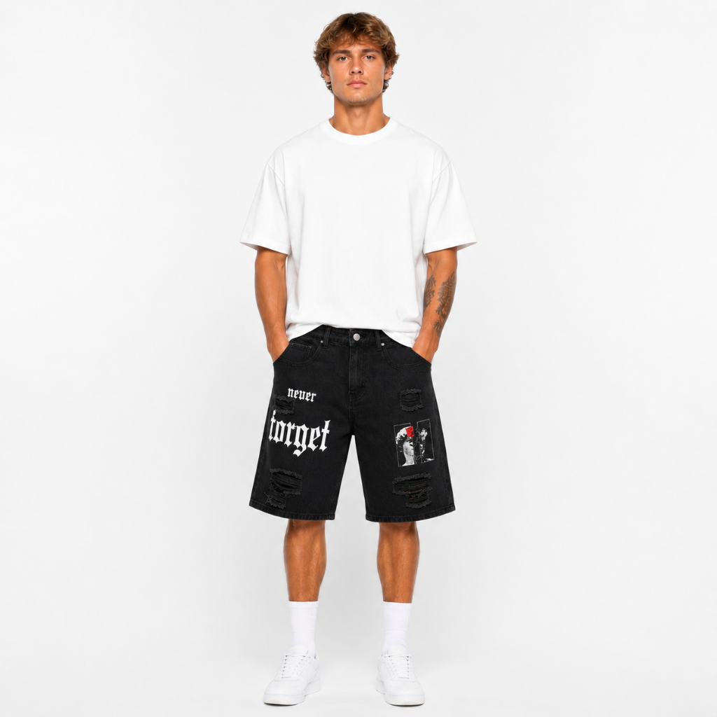 Men's Distressed Printed Denim Shorts