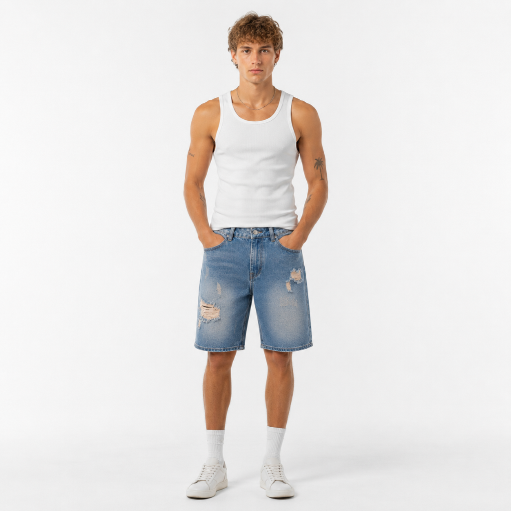 Men's Ripped Wide Leg Denim Shorts