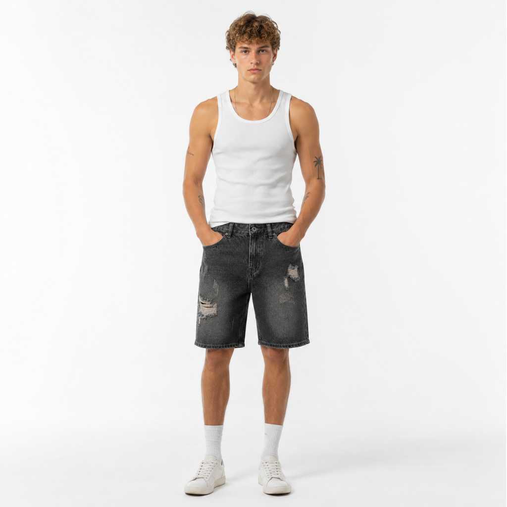 Men's Ripped Wide Leg Denim Shorts