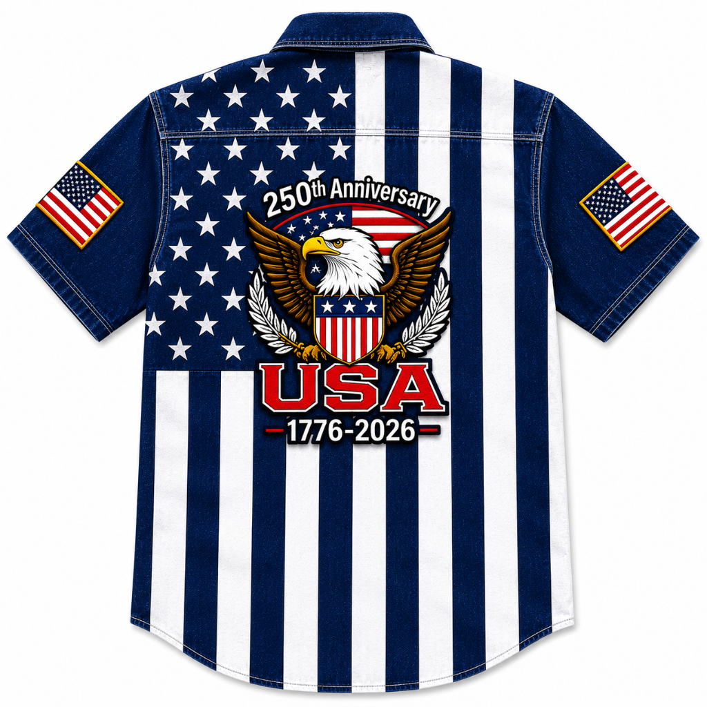 Patriotic Eagle Denim Print Button-Up Shirt