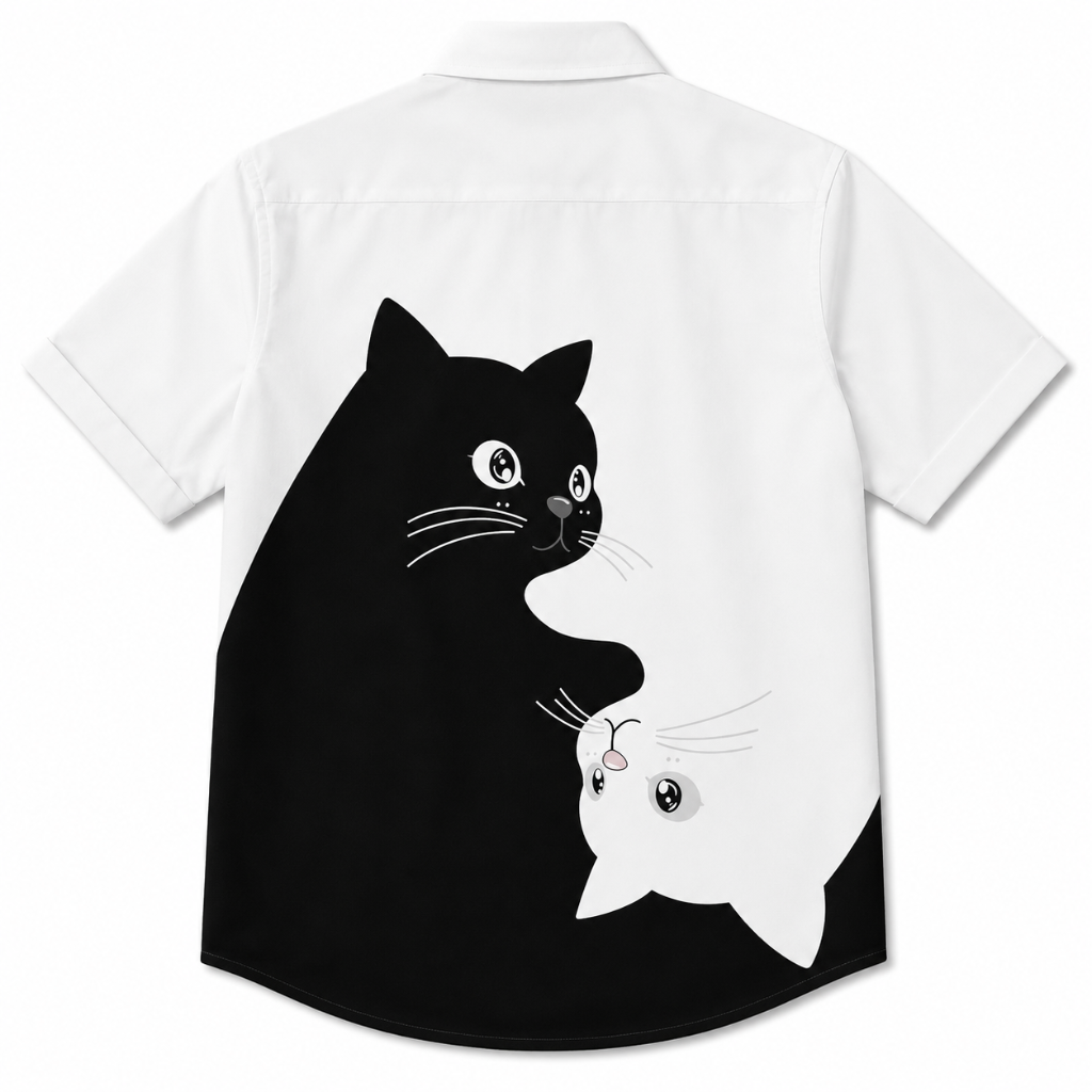 Black & White Cat Print Button-Up Shirt