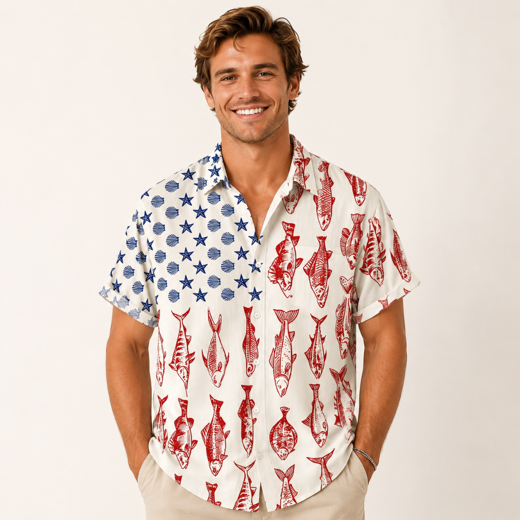Patriotic Fish Print Plus Size Beach Shirt