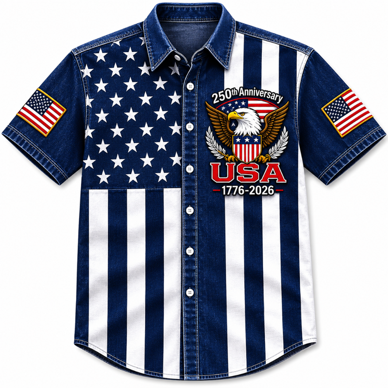 Patriotic Eagle Denim Print Button-Up Shirt