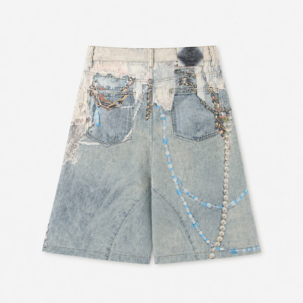 Pearl Charm Graphic Denim Shorts