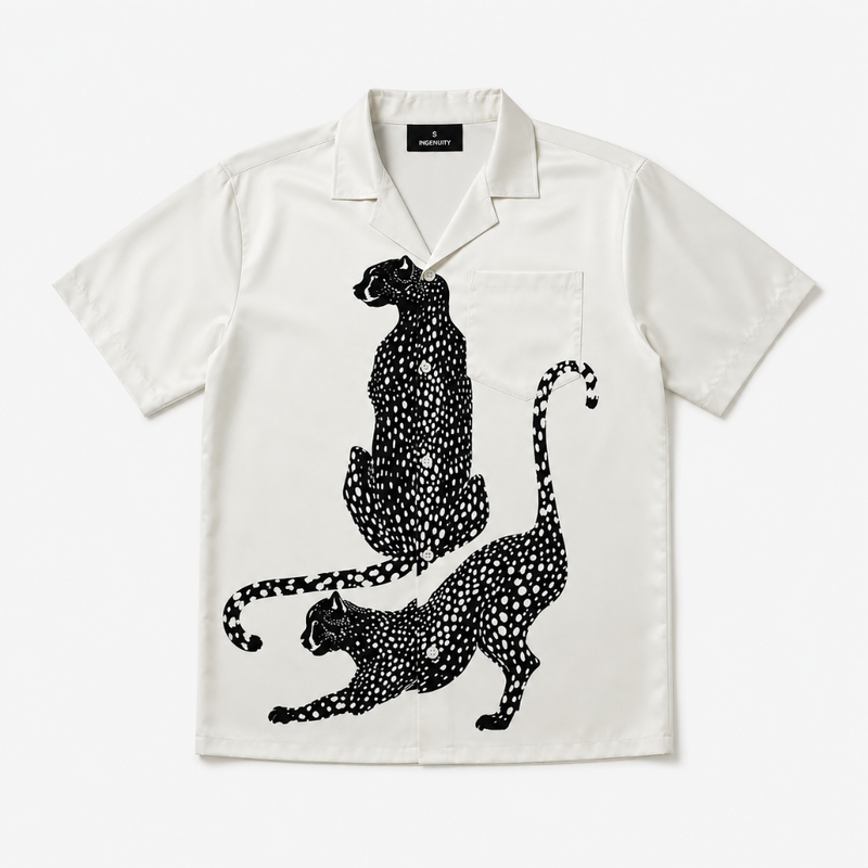 Mens Graphic Cheetah Camp Collar Shirt