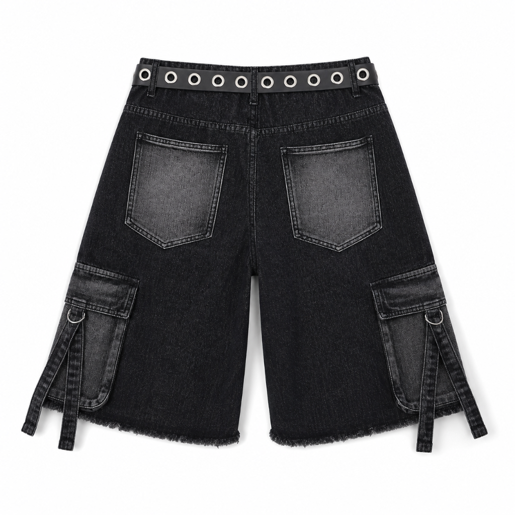 Men's Black Denim Cargo Shorts with Utility Pockets