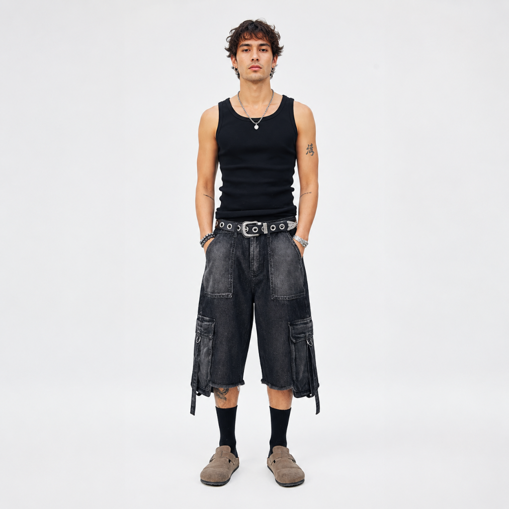 Men's Black Denim Cargo Shorts with Utility Pockets