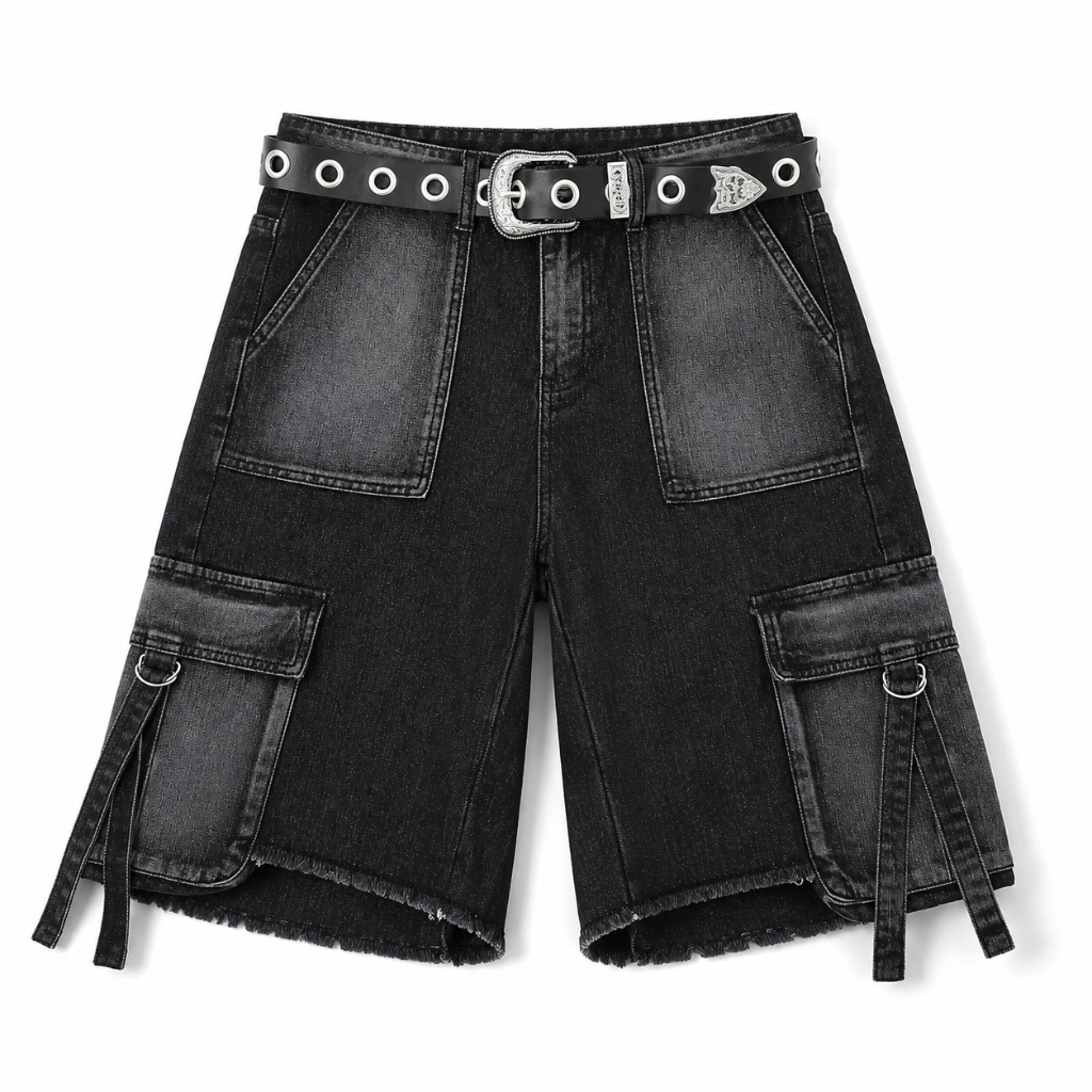 Men's Black Denim Cargo Shorts with Utility Pockets