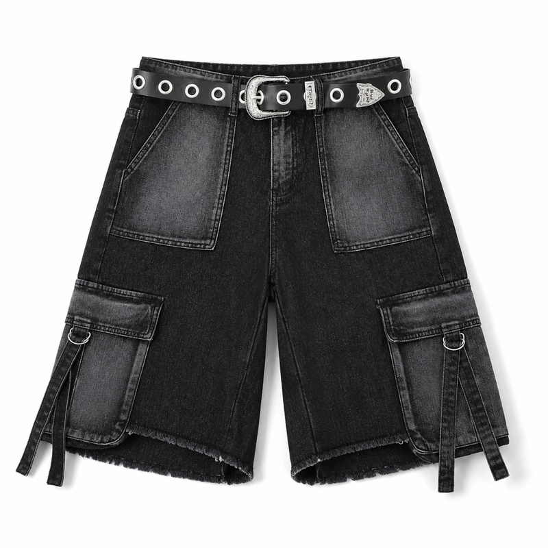 Men's Black Denim Cargo Shorts with Utility Pockets