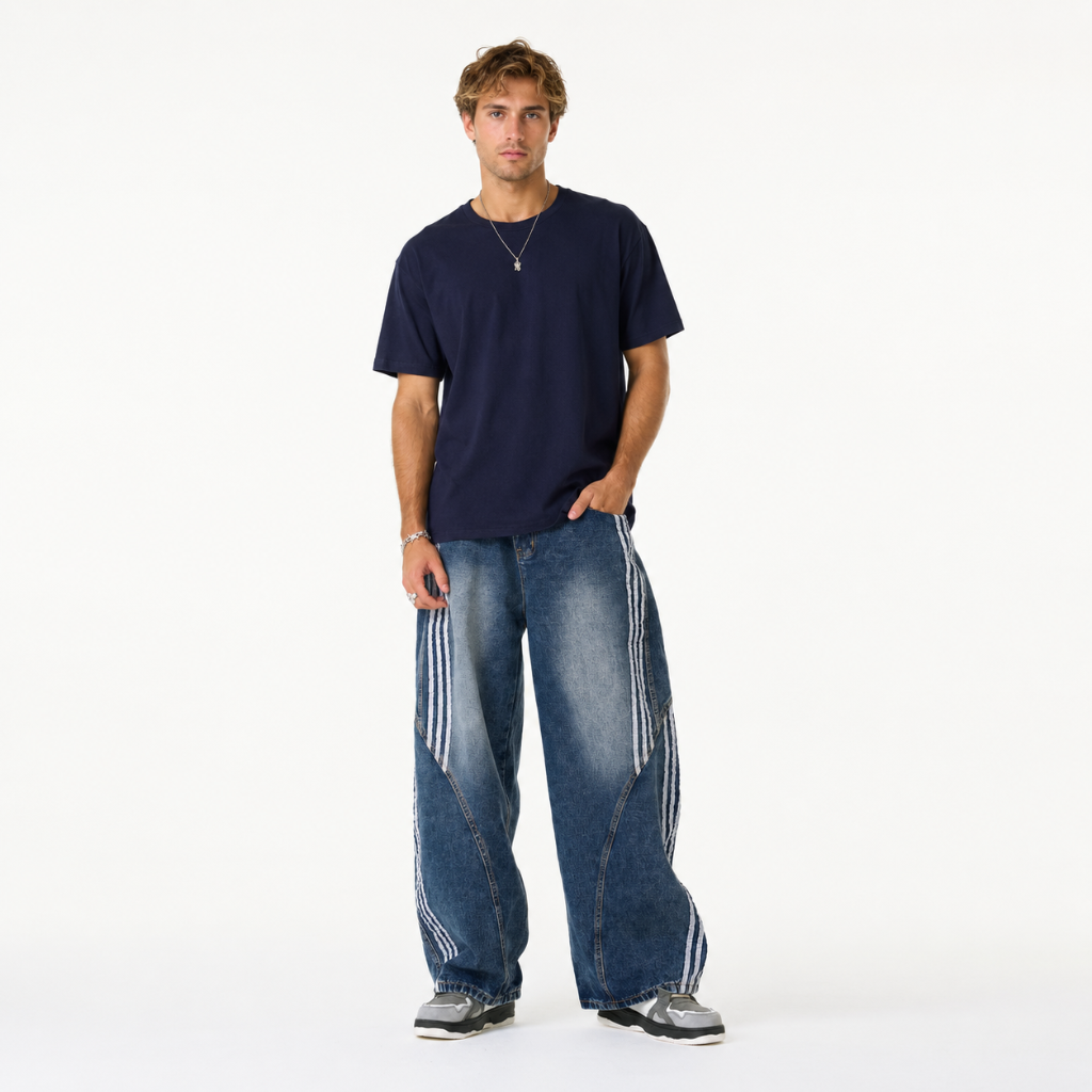 Mens Contrast Side Stripe Denim Barrel Jeans