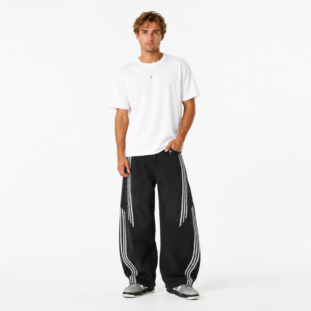 Mens Contrast Side Stripe Denim Barrel Jeans