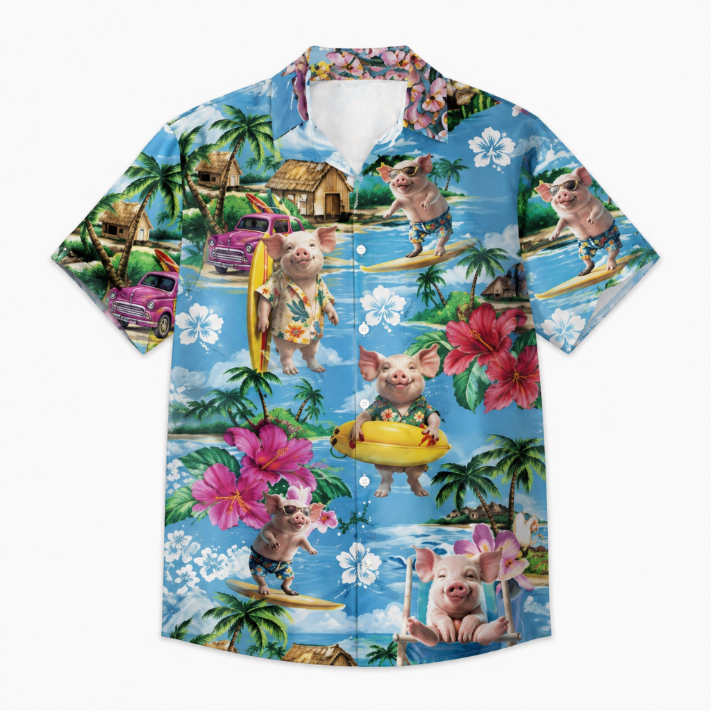 Pig Surfing Tropical Casual Hawaiian Shirt