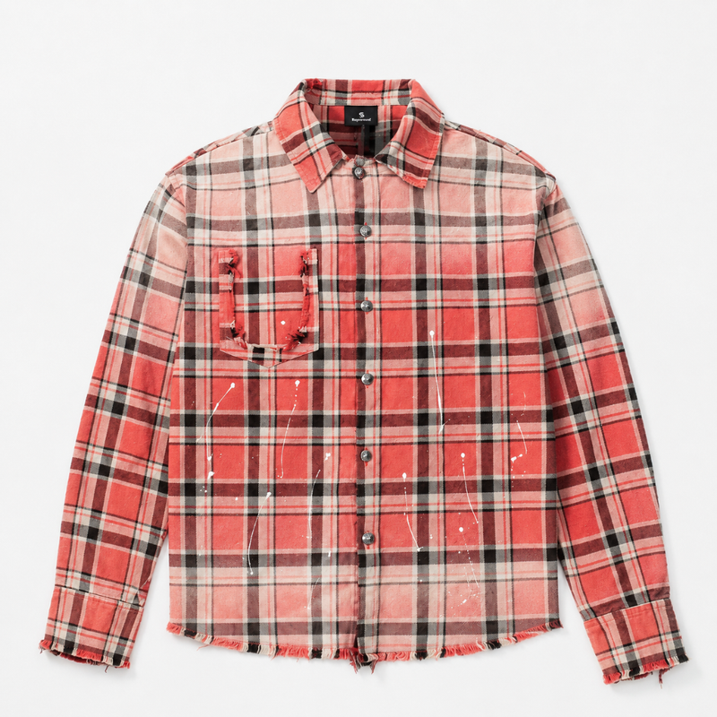 Mens Paint Splatter Plaid Frayed Hem Button Up Shirt