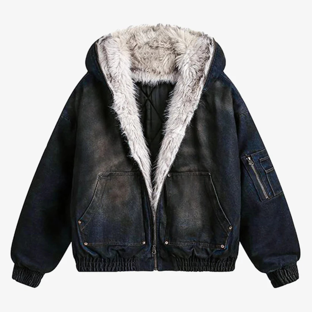 Washed Denim Fur Hooded Jacket