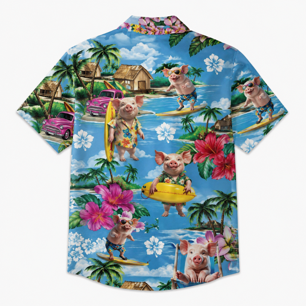 Pig Surfing Tropical Casual Hawaiian Shirt