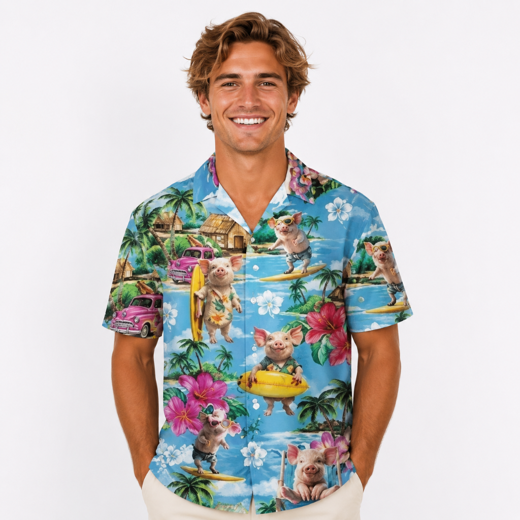 Pig Surfing Tropical Casual Hawaiian Shirt