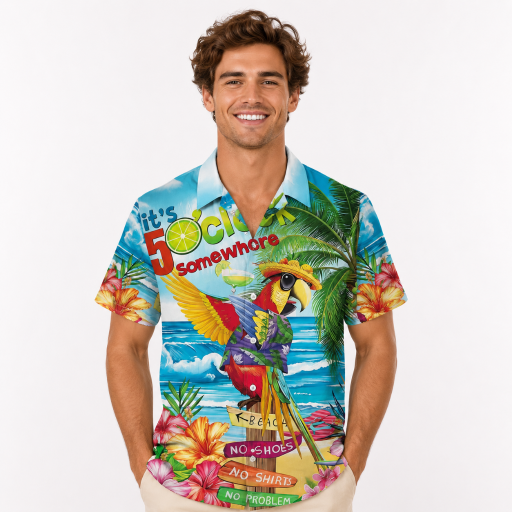 Tropical Parrot Print Hawaiian Beach Shirt
