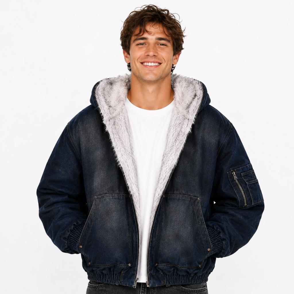 Washed Denim Fur Hooded Jacket