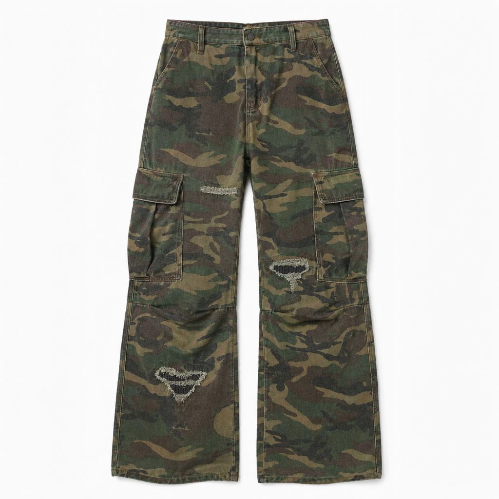 Mens Camouflage Ripped Flared Workwear Pants