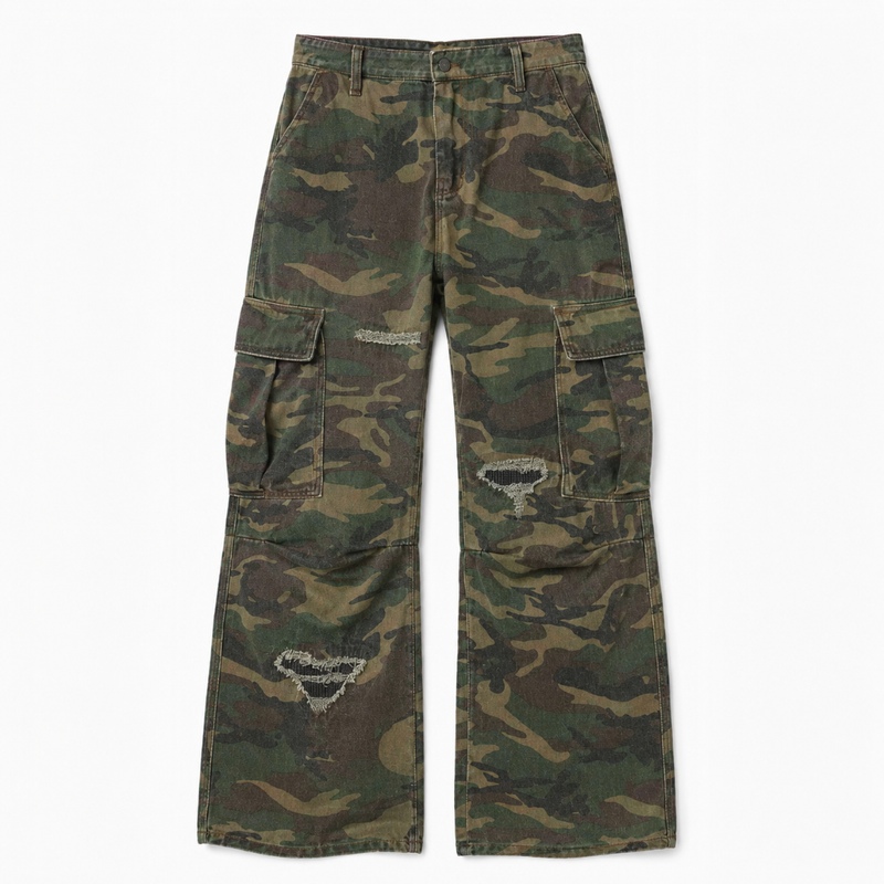Mens Camouflage Ripped Flared Workwear Pants