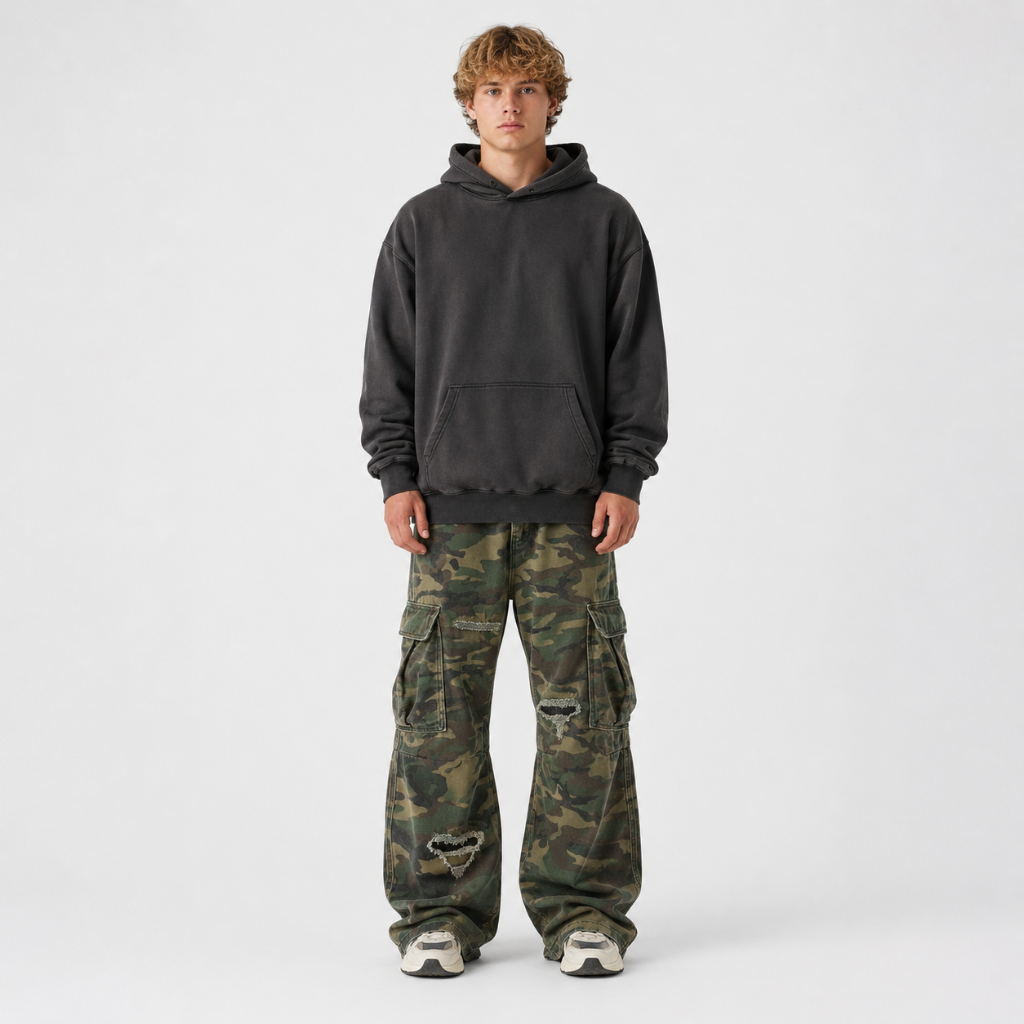 Mens Camouflage Ripped Flared Workwear Pants