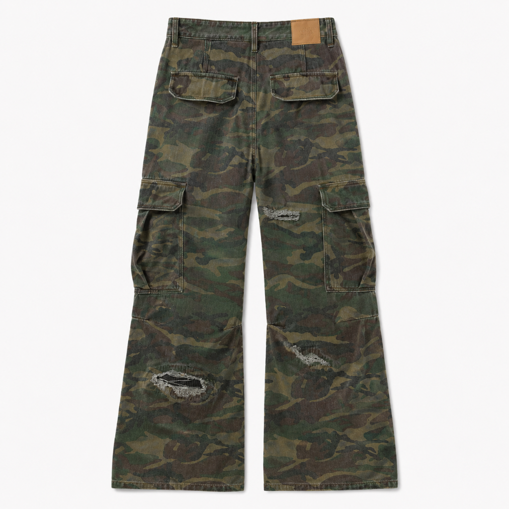 Mens Camouflage Ripped Flared Workwear Pants