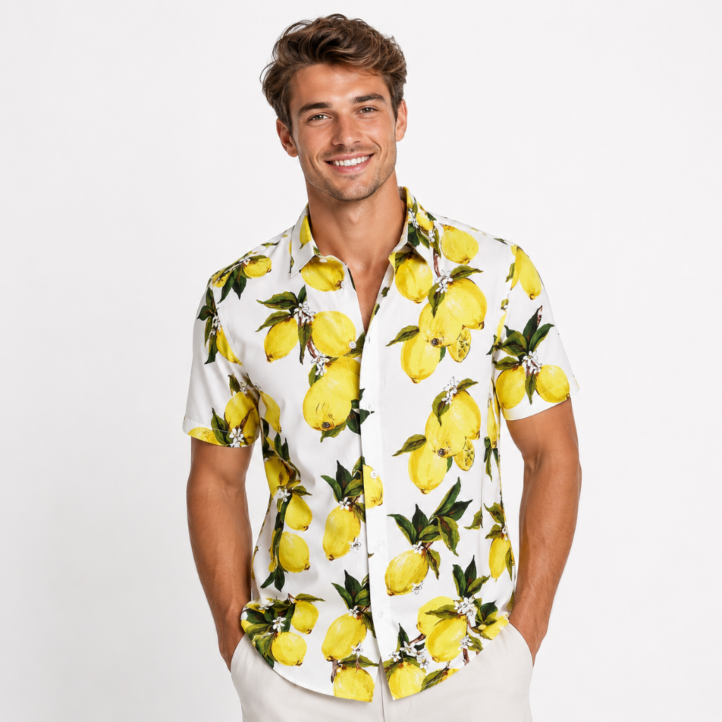Vibrant Lemon Print Summer Hawaiian Shirt