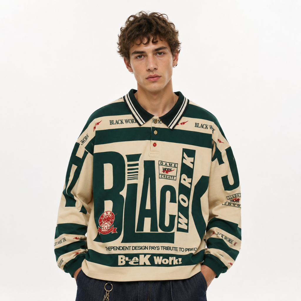 Black Work Oversized Graphic Polo T-Shirt