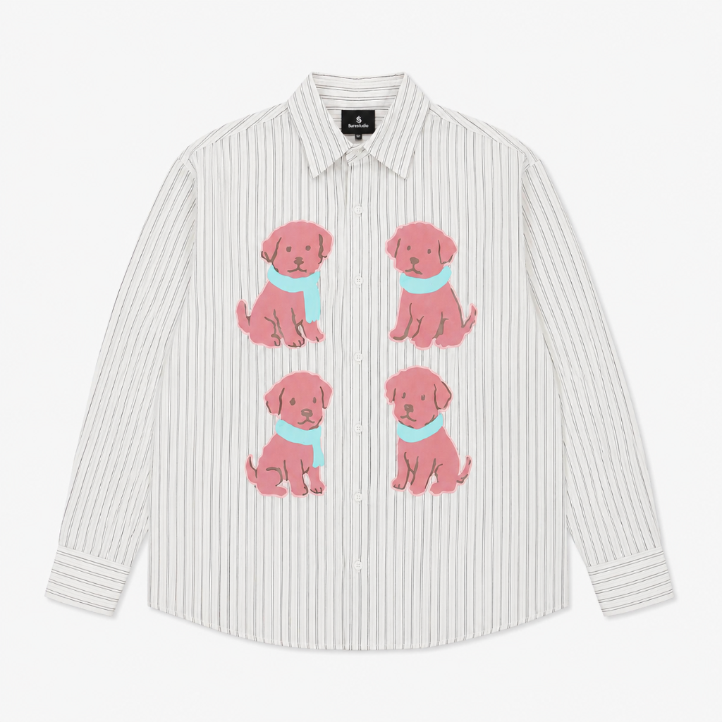 Puppy Graphic Striped Cotton Linen Shirt