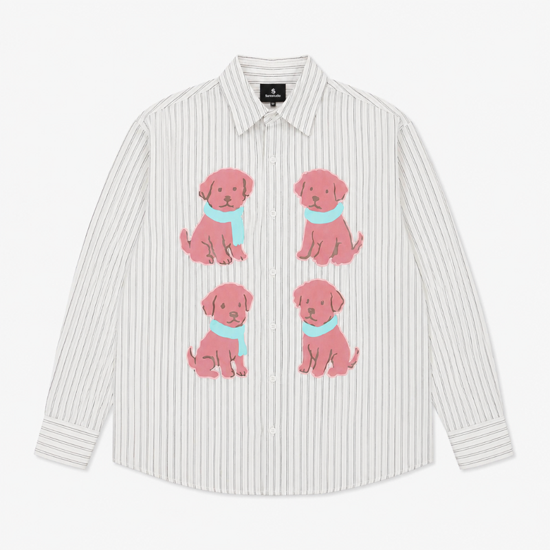 Puppy Graphic Striped Cotton Linen Shirt