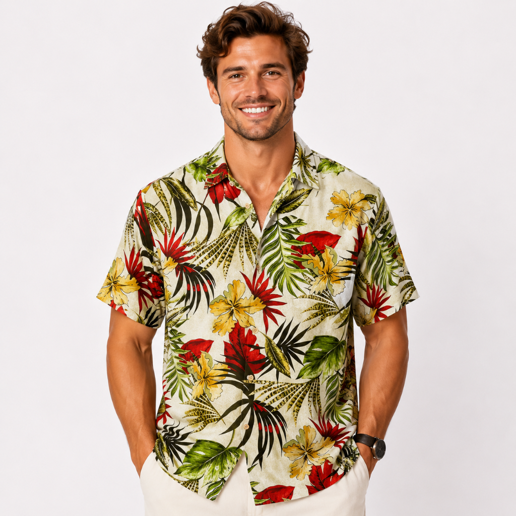 Leaf Print Hawaiian Button Shirt