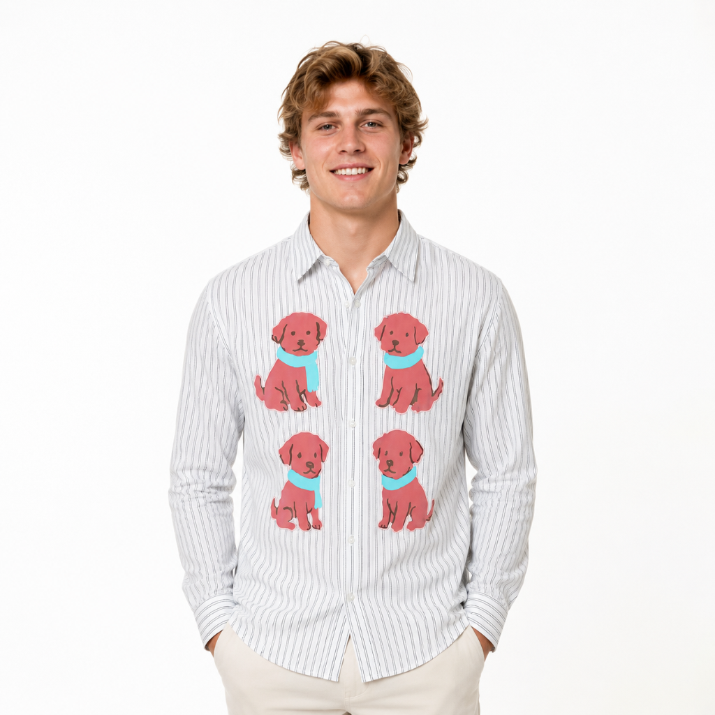 Puppy Graphic Striped Cotton Linen Shirt