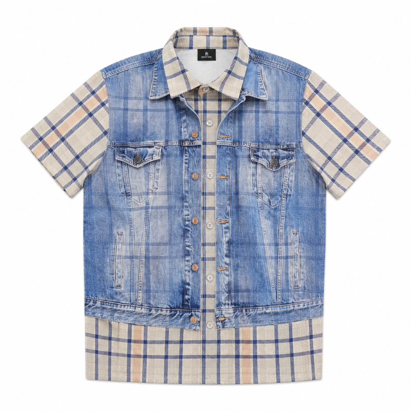 Layered Plaid Denim Print Shirt