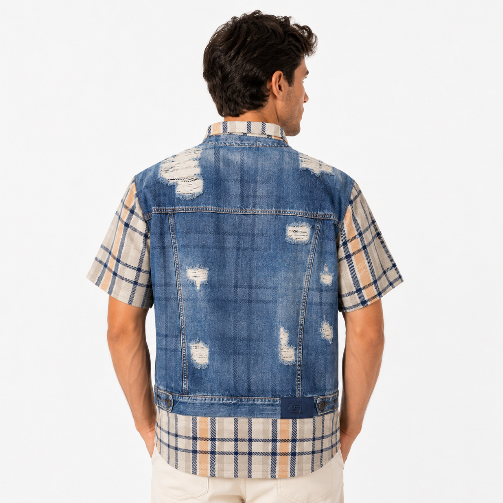 Layered Plaid Denim Print Shirt