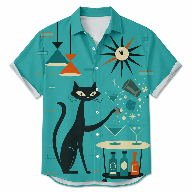 Atomic Cat Print Retro Button Shirt