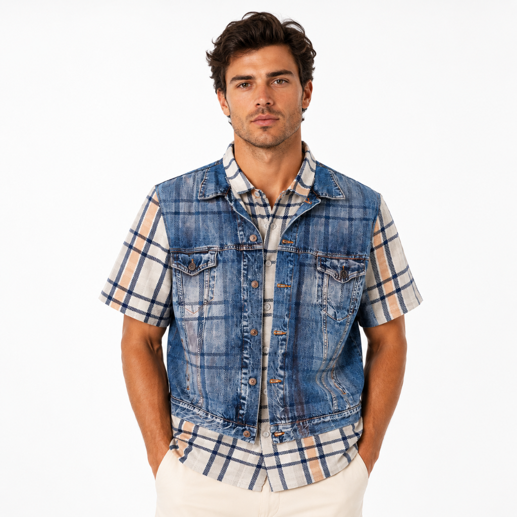 Layered Plaid Denim Print Shirt