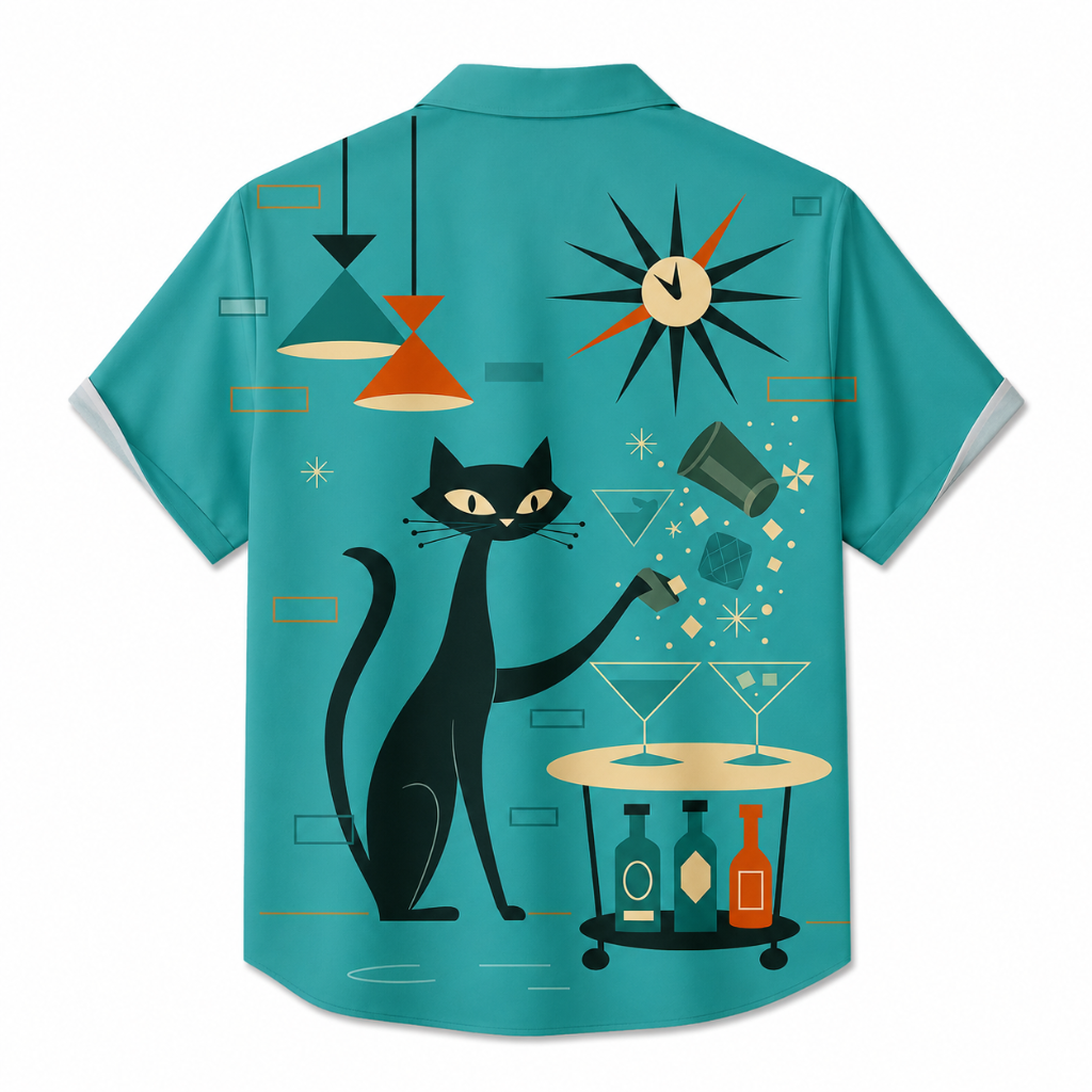 Atomic Cat Print Retro Button Shirt