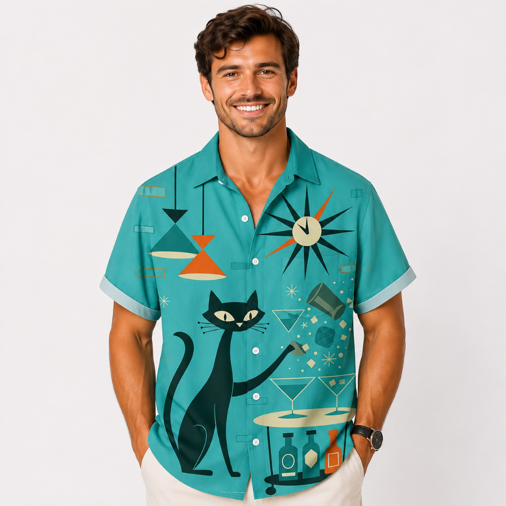 Atomic Cat Print Retro Button Shirt