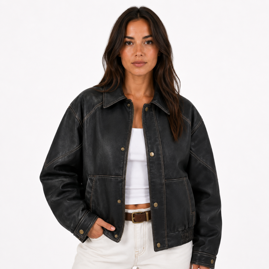 Vintage Faux Leather Oversized Bomber Jacket