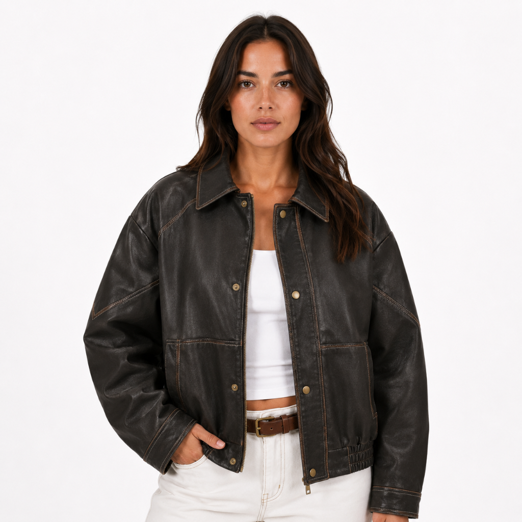 Vintage Faux Leather Oversized Bomber Jacket