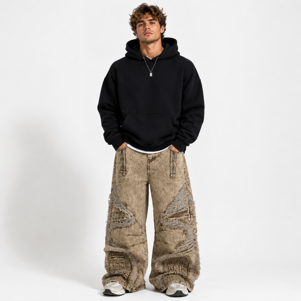 Raw Edge Panel Distressed Baggy Jeans