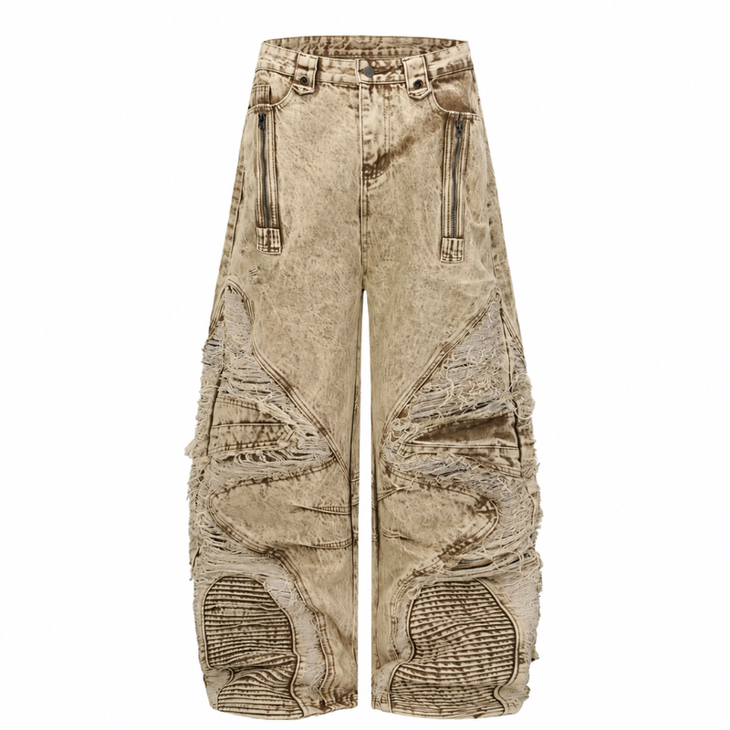 Raw Edge Panel Distressed Baggy Jeans