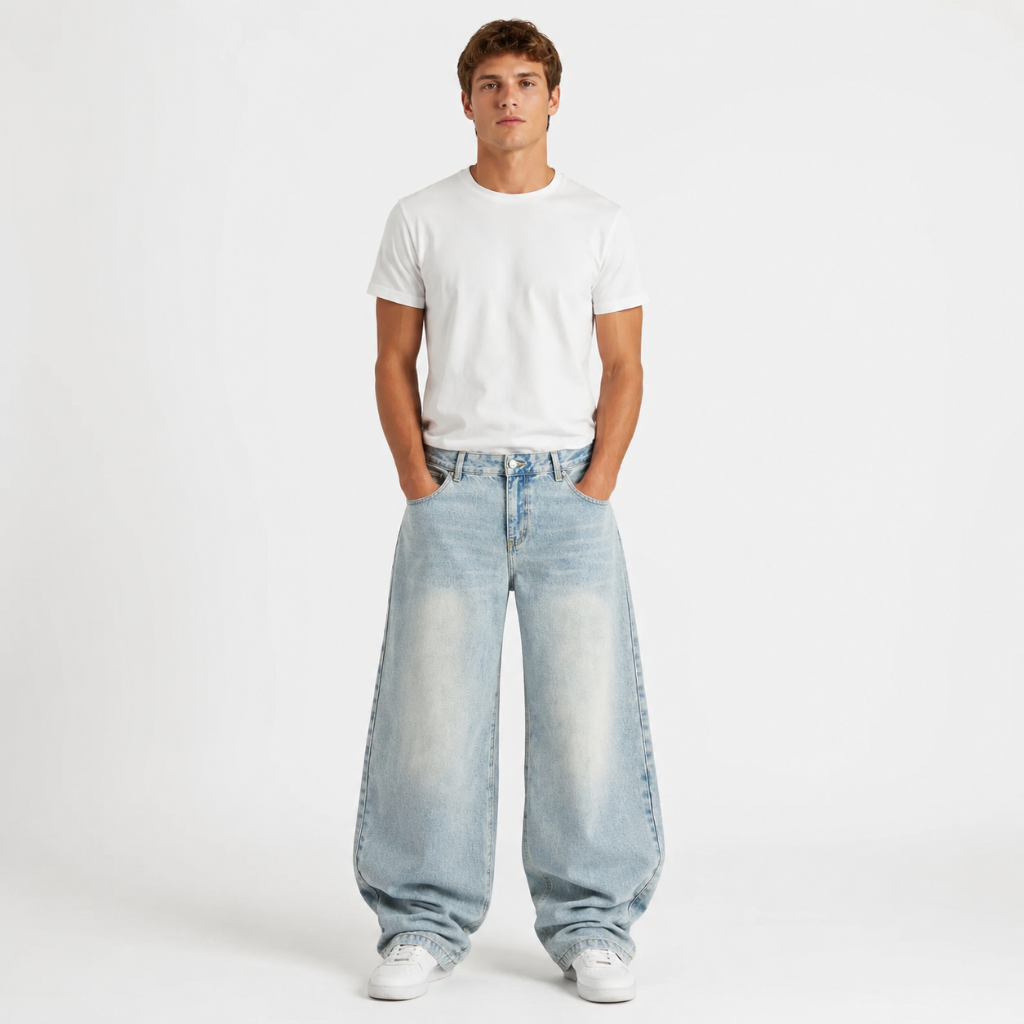 Vintage Wash Distressed Barrel Jeans