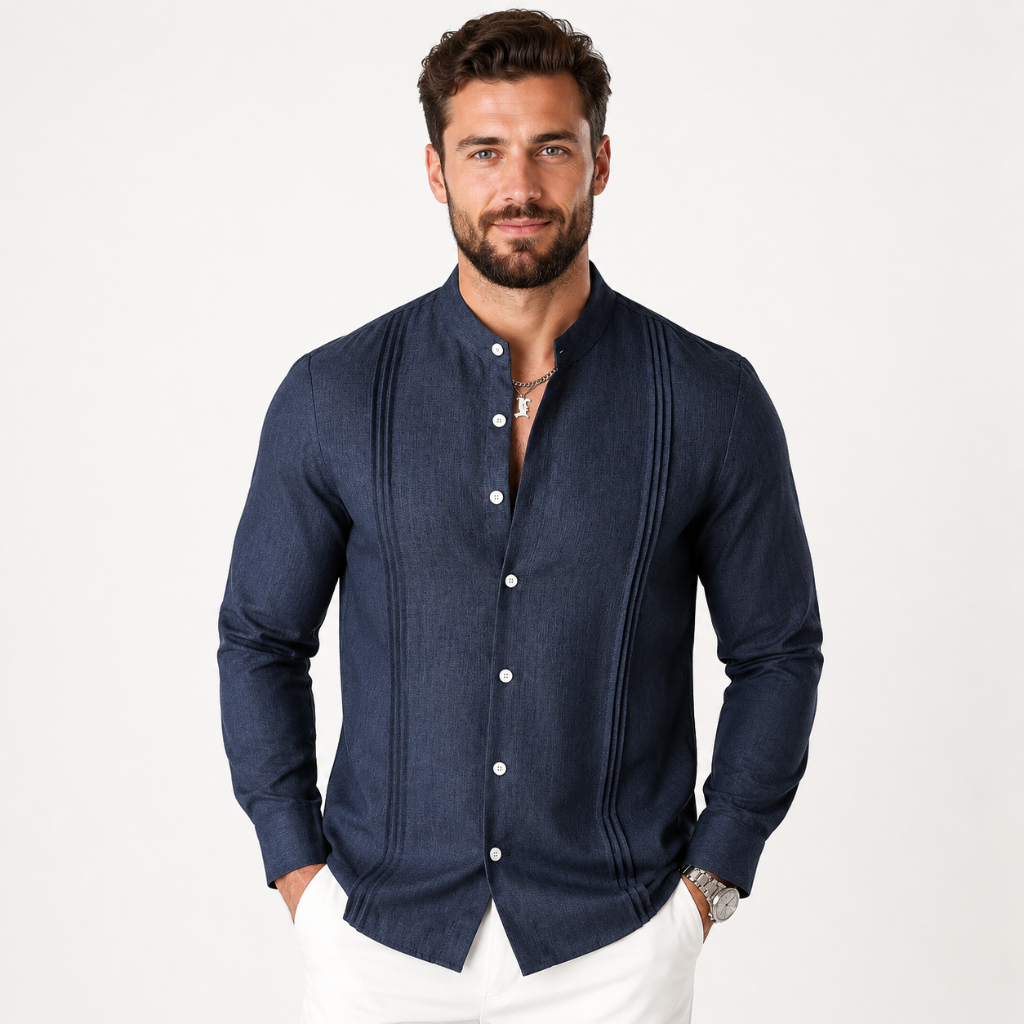 Stand Collar Long Sleeve Button- Up Shirt