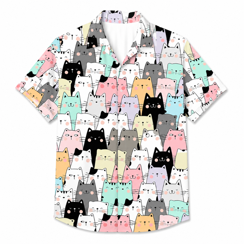 Cartoon Cat Hawaiian Button Shirt