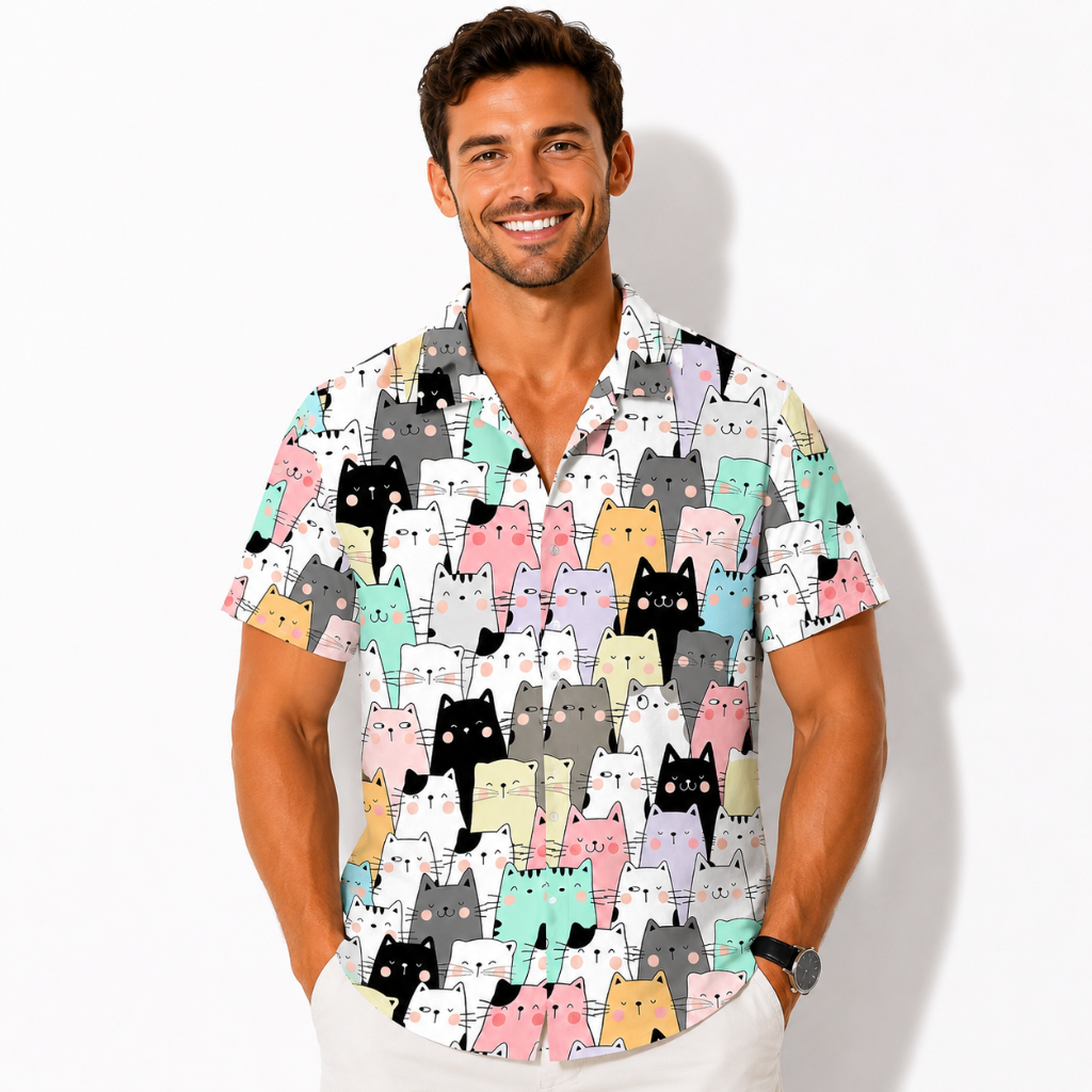 Cartoon Cat Hawaiian Button Shirt