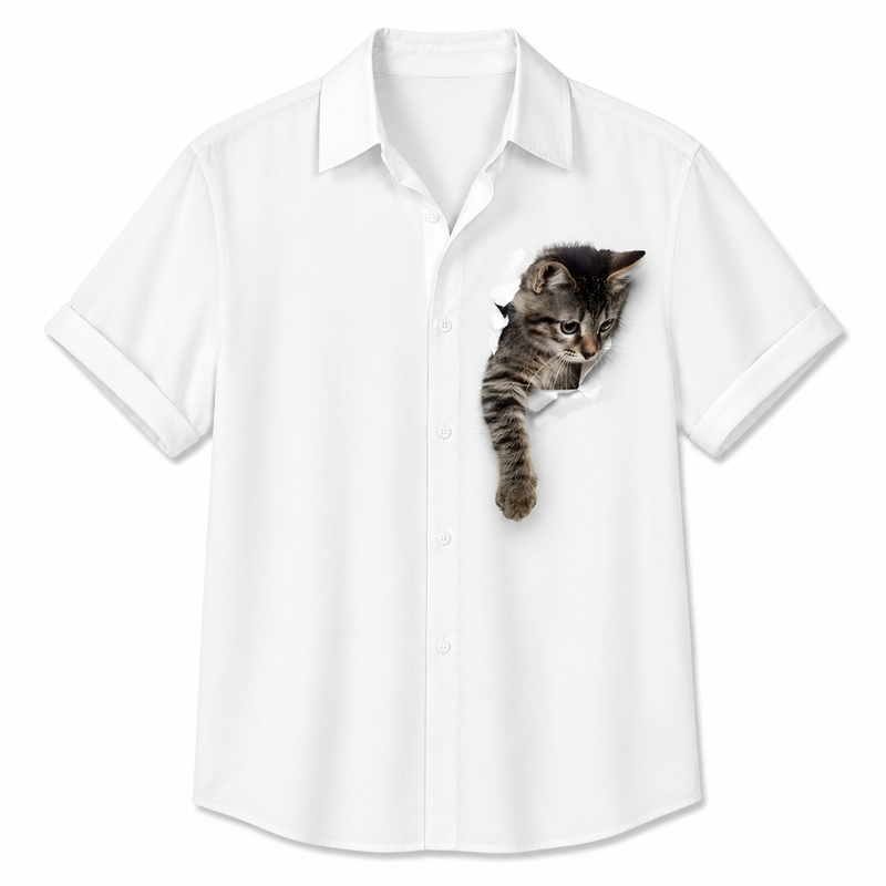 Cat Print Aloha Button-Up Shirt
