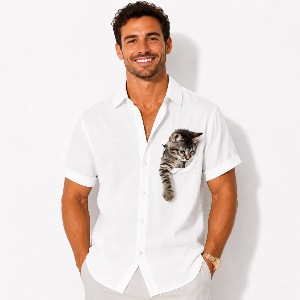 Cat Print Aloha Button-Up Shirt